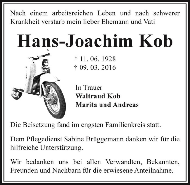  Traueranzeige für Hans-Joachim Kob  vom 02.04.2016 aus Magdeburger Volksstimme