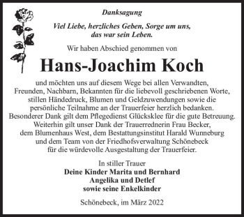 Traueranzeige von Hans-Joachim Koch  von Magdeburger Volksstimme