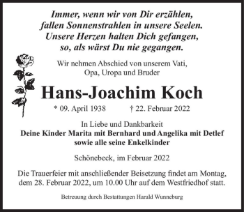 Traueranzeige von Hans-Joachim Koch  von Magdeburger Volksstimme