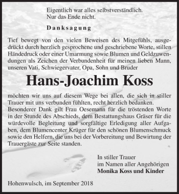 Traueranzeige von Hans-Joachim Koss  von Magdeburger Volksstimme