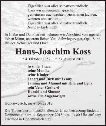 Traueranzeige von Hans-Joachim Koss  von Magdeburger Volksstimme