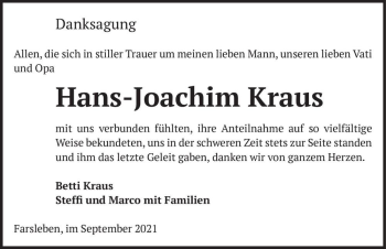 Traueranzeige von Hans-Joachim Kraus  von Magdeburger Volksstimme