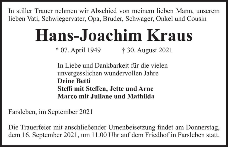  Traueranzeige für Hans-Joachim Kraus  vom 04.09.2021 aus Magdeburger Volksstimme