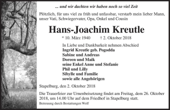 Traueranzeige von Hans-Joachim Kreutle  von Magdeburger Volksstimme