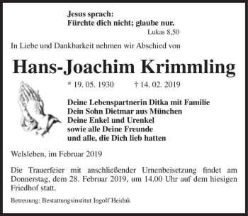 Traueranzeige von Hans-Joachim Krimmling  von Magdeburger Volksstimme