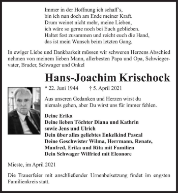 Traueranzeige von Hans-Joachim Krischock  von Magdeburger Volksstimme