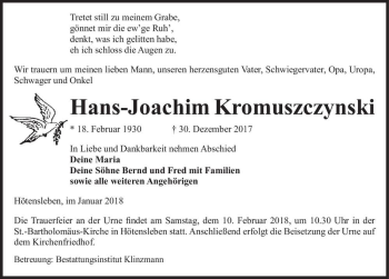 Traueranzeige von Hans-Joachim Kromuszczynski  von Magdeburger Volksstimme