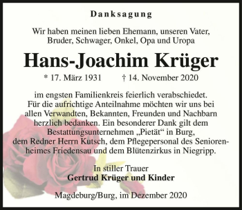 Traueranzeige von Hans-Joachim Krüger  von Magdeburger Volksstimme