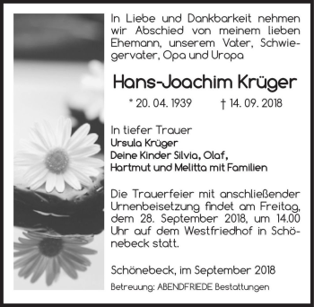 Traueranzeige von Hans-Joachim Krüger  von Magdeburger Volksstimme