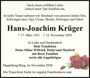 Traueranzeige von Hans-Joachim Krüger  von Magdeburger Volksstimme