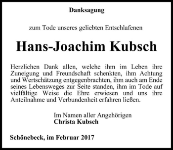 Traueranzeige von Hans-Joachim Kubsch  von Magdeburger Volksstimme