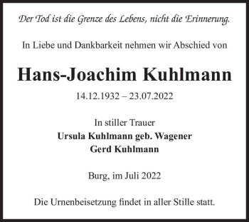 Traueranzeige von Hans-Joachim Kuhlmann  von Magdeburger Volksstimme