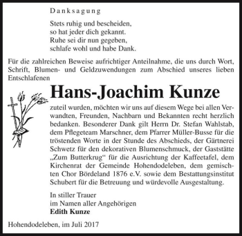 Traueranzeige von Hans-Joachim Kunze  von Magdeburger Volksstimme