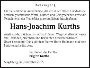 Traueranzeige von Hans-Joachim Kurths  von Magdeburger Volksstimme