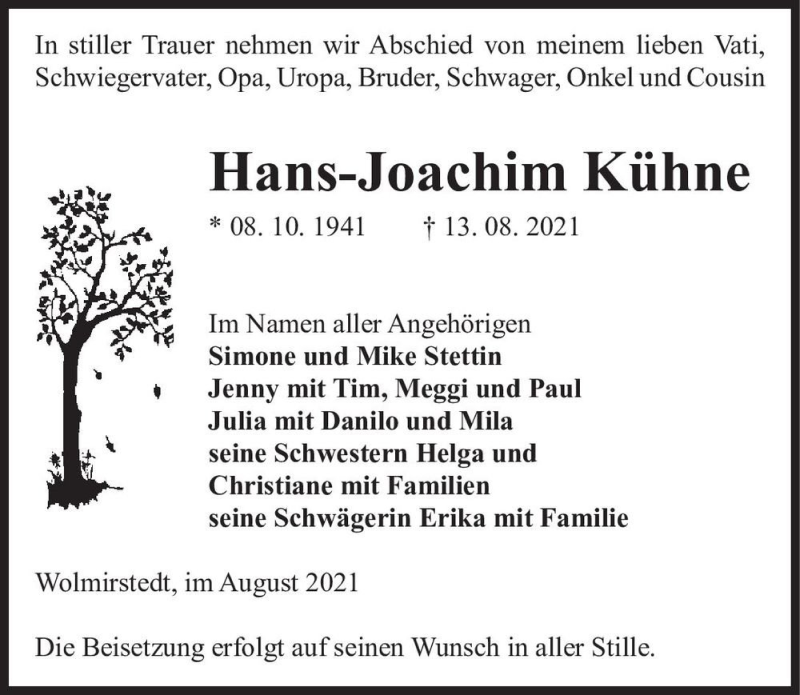  Traueranzeige für Hans-Joachim Kühne  vom 18.08.2021 aus Magdeburger Volksstimme