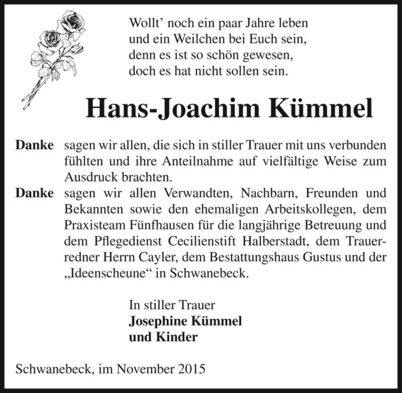  Traueranzeige für Hans-Joachim Kümmel  vom 28.11.2015 aus Magdeburger Volksstimme