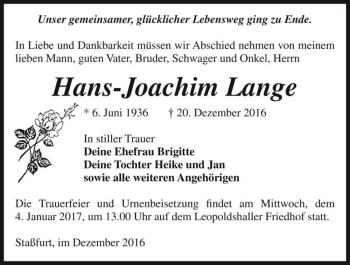 Traueranzeige von Hans-Joachim Lange  von Magdeburger Volksstimme