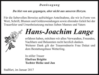 Traueranzeige von Hans-Joachim Lange  von Magdeburger Volksstimme