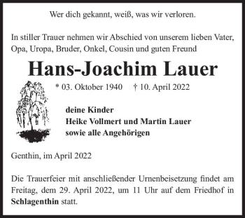 Traueranzeige von Hans-Joachim Lauer  von Magdeburger Volksstimme