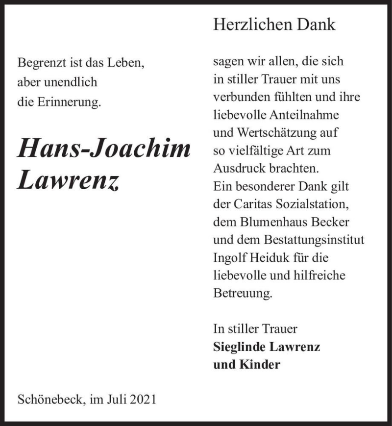  Traueranzeige für Hans-Joachim Lawrenz  vom 31.07.2021 aus Magdeburger Volksstimme