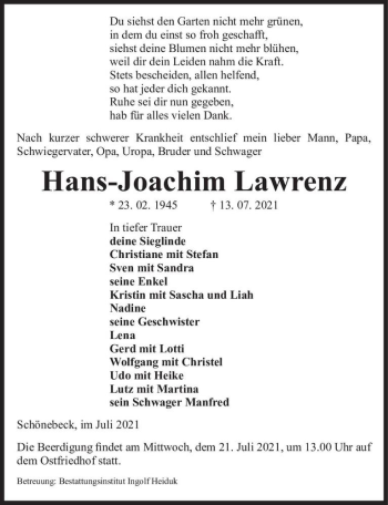 Traueranzeige von Hans-Joachim Lawrenz  von Magdeburger Volksstimme