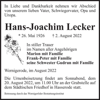 Traueranzeige von Hans-Joachim Lecker  von Magdeburger Volksstimme