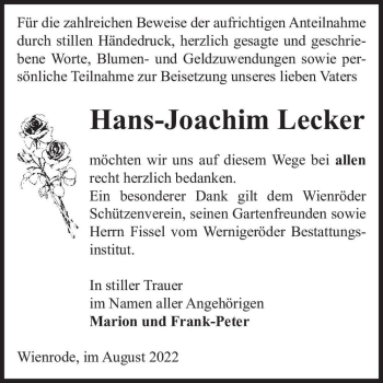 Traueranzeige von Hans-Joachim Lecker  von Magdeburger Volksstimme