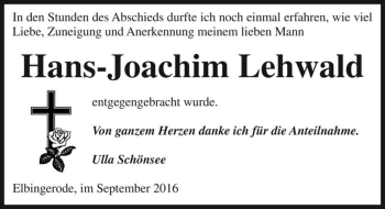 Traueranzeige von Hans-Joachim Lehwald  von Magdeburger Volksstimme