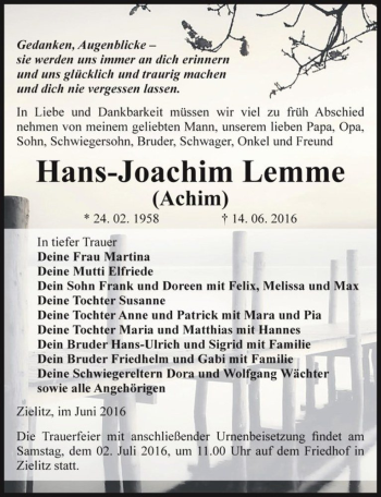 Traueranzeige von Hans-Joachim Lemme (Achim)  von Magdeburger Volksstimme