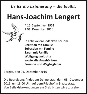 Traueranzeige von Hans-Joachim Lengert  von Magdeburger Volksstimme