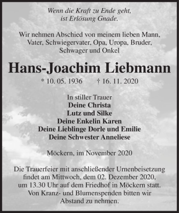 Traueranzeige von Hans-Joachim Liebmann  von Magdeburger Volksstimme