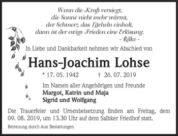 Traueranzeige von Hans-Joachim Lohse  von Magdeburger Volksstimme