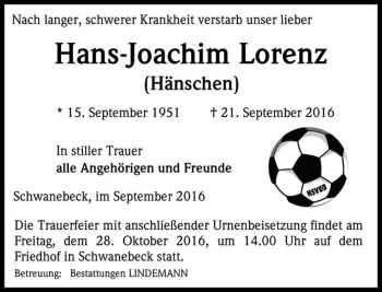 Traueranzeige von Hans-Joachim Lorenz (Hänschen)  von Magdeburger Volksstimme
