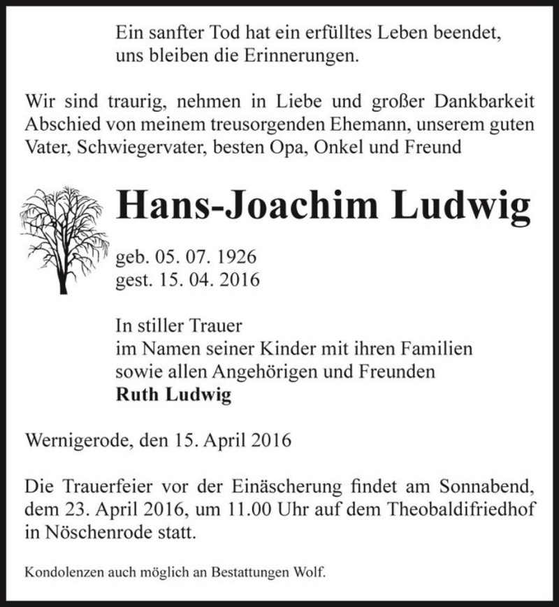  Traueranzeige für Hans-Joachim Ludwig  vom 19.04.2016 aus Magdeburger Volksstimme