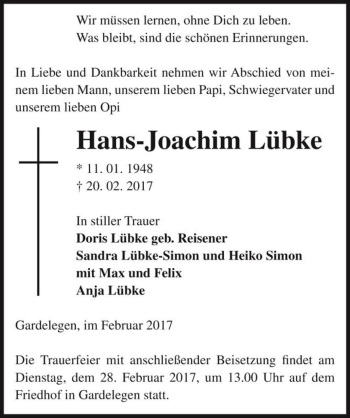 Traueranzeige von Hans-Joachim Lübke  von Magdeburger Volksstimme