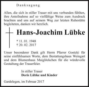Traueranzeige von Hans-Joachim Lübke  von Magdeburger Volksstimme