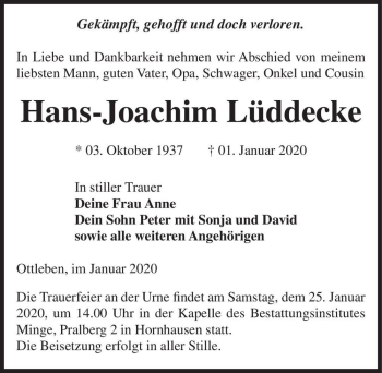 Traueranzeige von Hans-Joachim Lüddecke  von Magdeburger Volksstimme