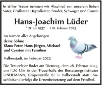 Traueranzeige von Hans-Joachim Lüder  von Magdeburger Volksstimme