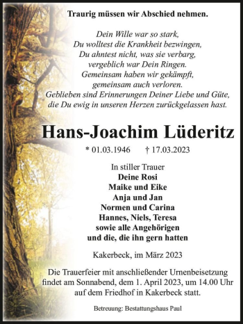 Traueranzeige von Hans-Joachim Lüderitz  von Magdeburger Volksstimme