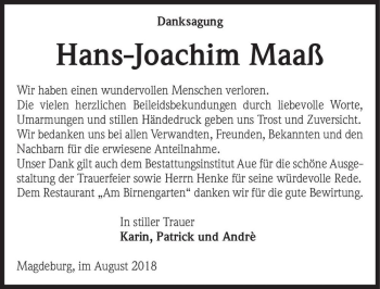 Traueranzeige von Hans-Joachim Maaß  von Magdeburger Volksstimme