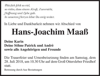 Traueranzeige von Hans-Joachim Maaß  von Magdeburger Volksstimme