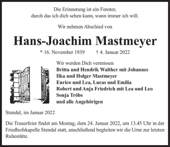 Traueranzeige von Hans-Joachim Mastmeyer  von Magdeburger Volksstimme
