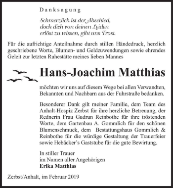 Traueranzeige von Hans-Joachim Matthias  von Magdeburger Volksstimme
