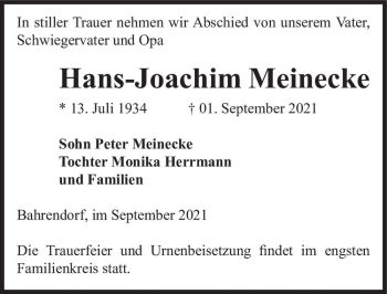Traueranzeige von Hans-Joachim Meinecke  von Magdeburger Volksstimme