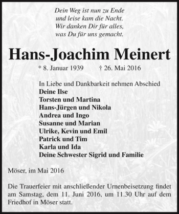 Traueranzeige von Hans-Joachim Meinert  von Magdeburger Volksstimme