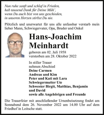 Traueranzeige von Hans-Joachim Meinhardt  von Magdeburger Volksstimme