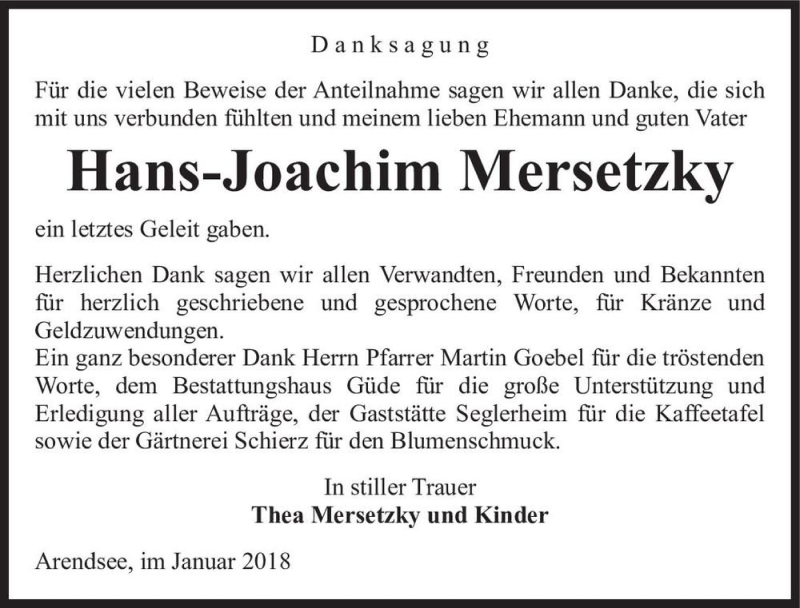  Traueranzeige für Hans-Joachim Mersetzky  vom 19.01.2018 aus Magdeburger Volksstimme