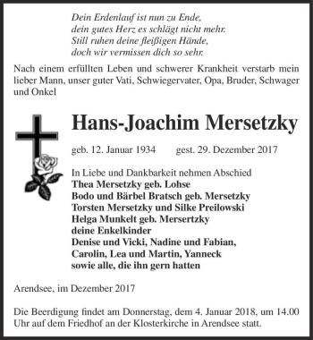Traueranzeige von Hans-Joachim Mersetzky  von Magdeburger Volksstimme