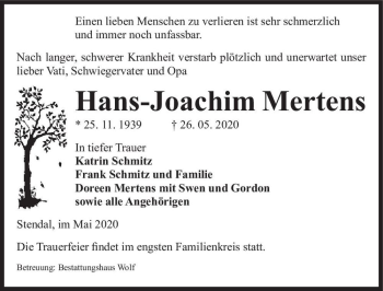 Traueranzeige von Hans-Joachim Mertens  von Magdeburger Volksstimme