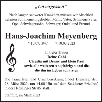 Traueranzeige von Hans-Joachim Meyenberg  von Magdeburger Volksstimme